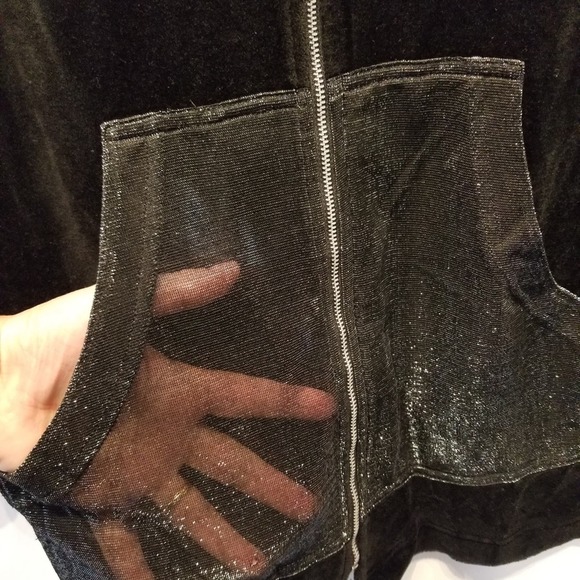 Vintage 90's Black Velour Cardigan Shimmer Hooded Sweatshirt Size M - Picture 3 of 13